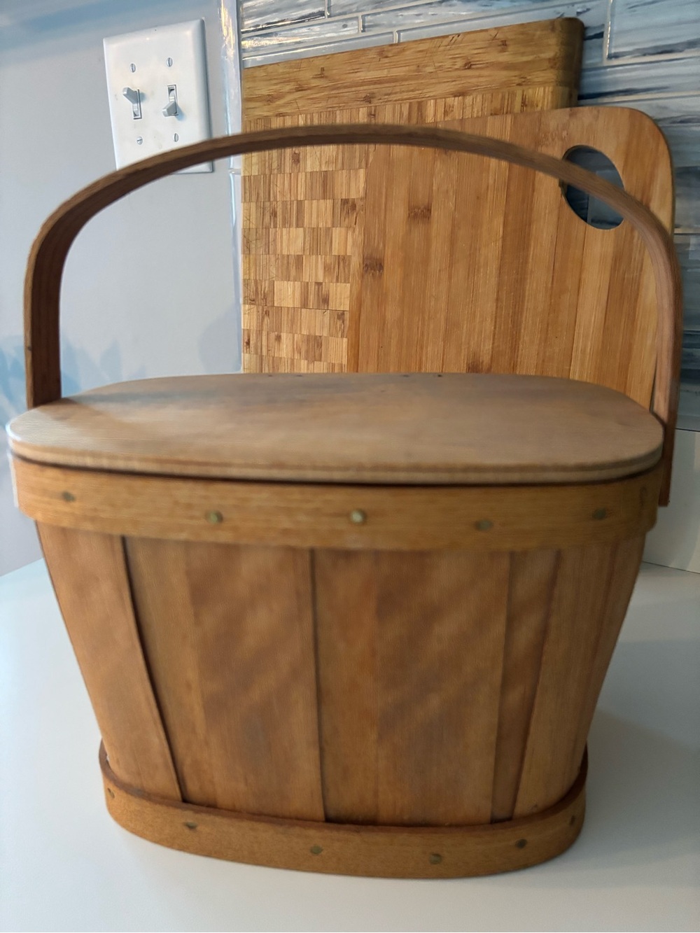 Vintage Basketville Wooden Bucket Basket Lid Handle Putney Vermont Farmhouse